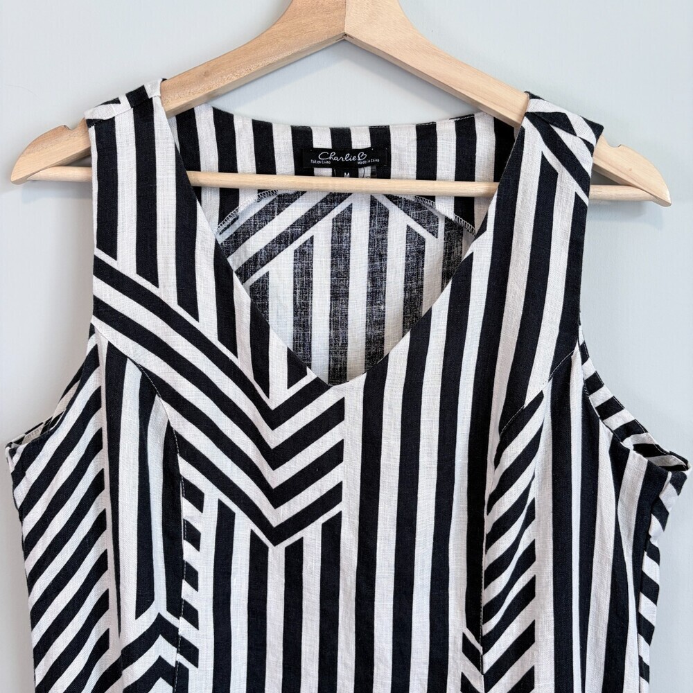 Charlie B Shift Dress Linen Striped Sleeveless Knee Length Tan Black Women’s M - Picture 2 of 11